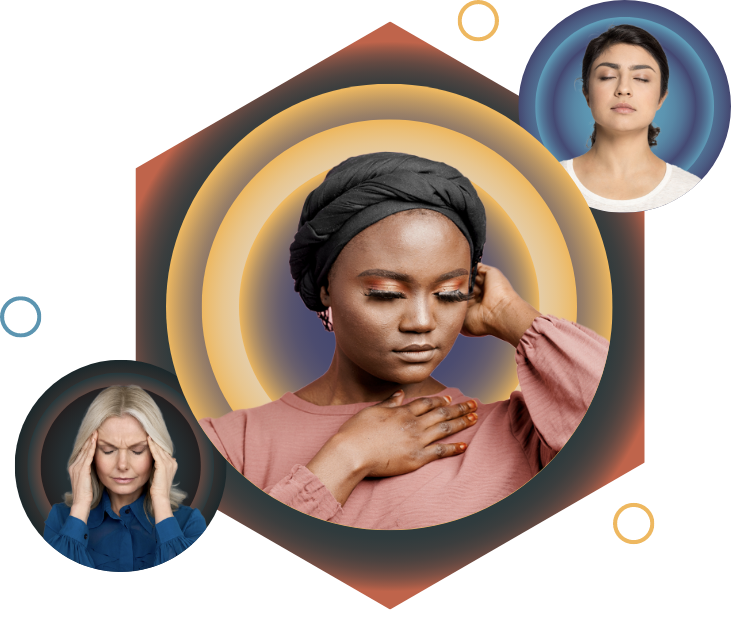 Three pictures of women with expressions of stress and calm on their faces, demonstrating the varying degrees of stress